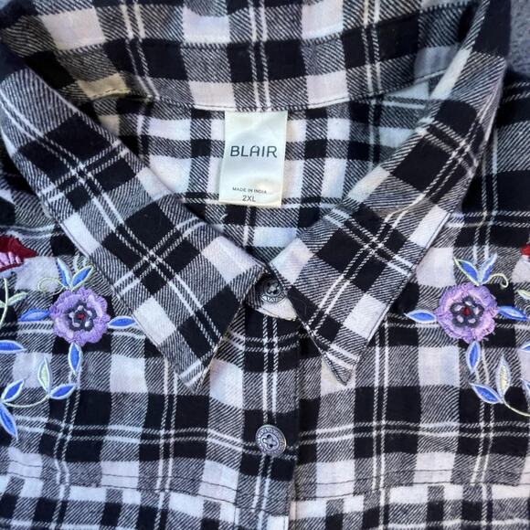 Blair Womens 2XL Plaid Flannel Shirt Floral Embroidered Western Boho Fall Top - Picture 5 of 12